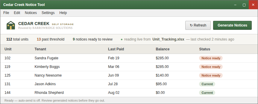 A desktop application window for an example notice tool, showing a table of past-due accounts read live from an Excel tracker, and a Generate Notices button