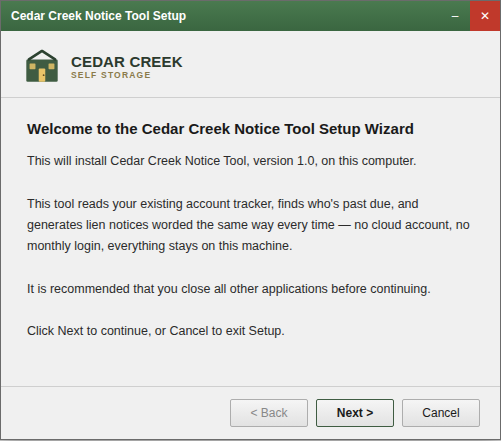 A standard installer wizard for an example notice tool, with the customer's own logo shown top-left