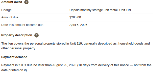 A fragment of a real generated legal notice, showing the amount-owed table and payment demand sections